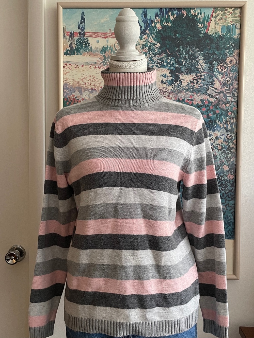 Vintage Pendleton Striped Turtleneck Sweater Small Pink Grey Cotton Preppy 90s